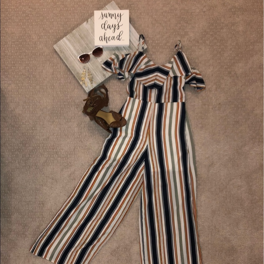 Japna Striped Cold Shoulder Jumpsuit, M - Picture 4 of 6